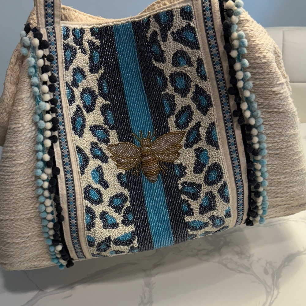 Elegant Cream and Blue Embellished Tote Bag